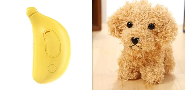 Mein Shop Tierhaarbürste Gelb Set mit Plüschfigur PawfectSteam - 3-in-1 Dampf-Bürste für Hunde & Katzen
