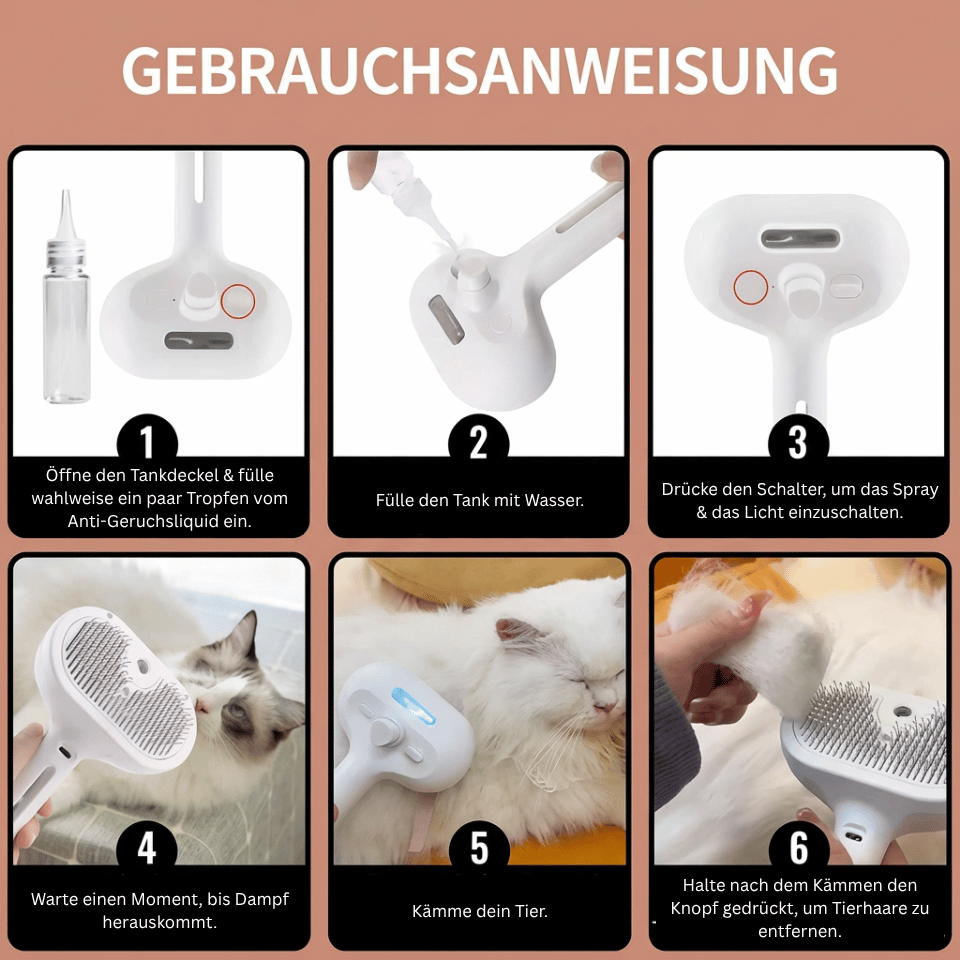 FellStopp Dampfbürste für Katzen & Hunde - sanfte Pflege, weniger Haarausfall, glänzendes Fell 4Pfotenliebe 