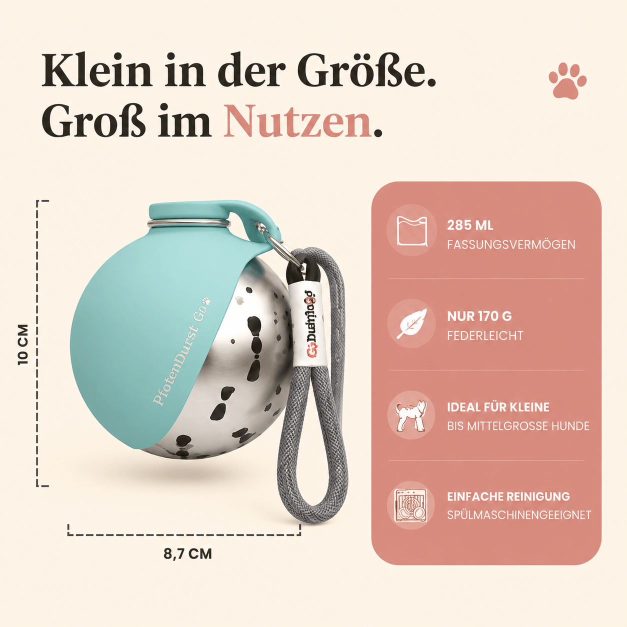 PfotenDurst Go- Edelstahltrinkflasche für Gassi, Reisen und unterwegs 4Pfotenliebe 