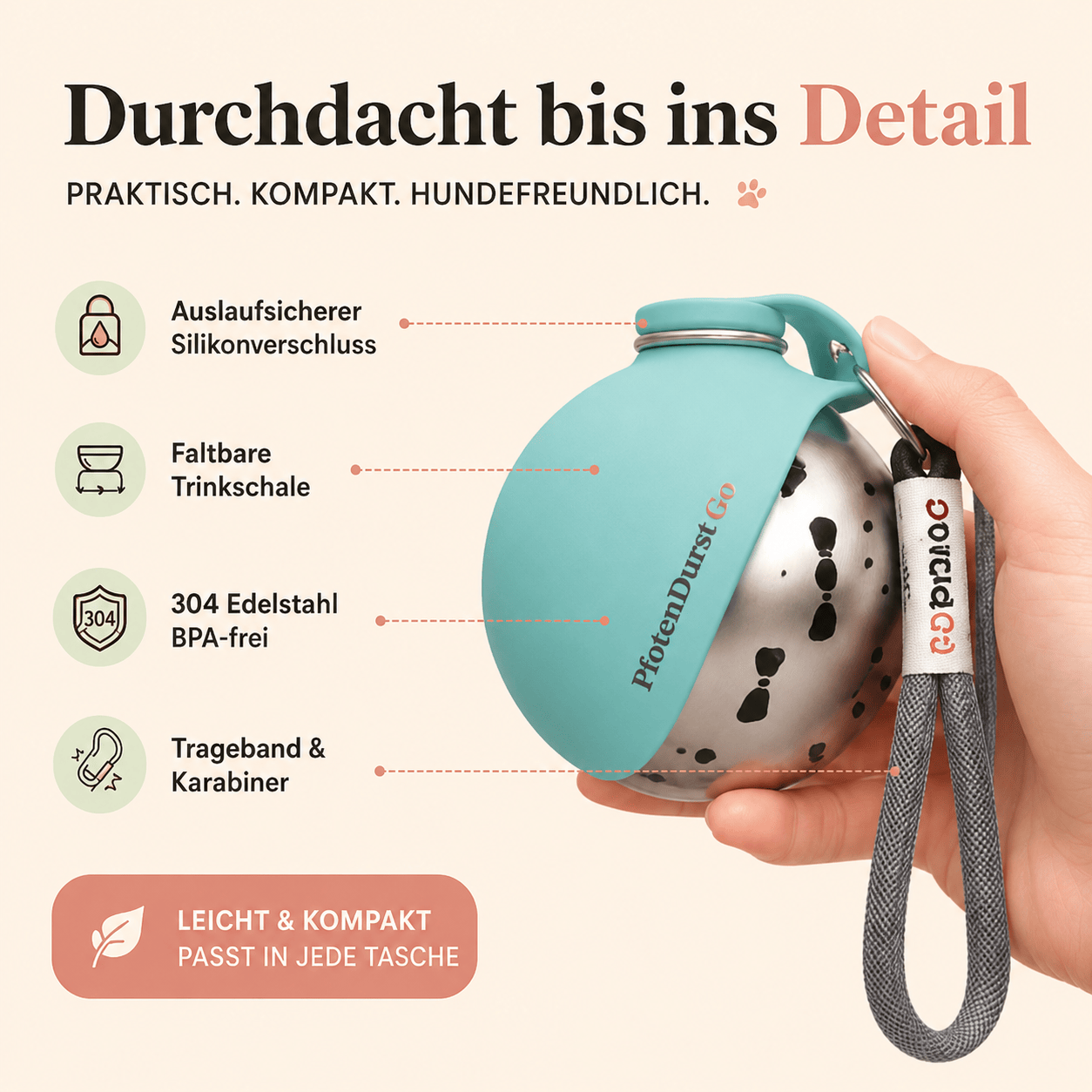 PfotenDurst Go- Edelstahltrinkflasche für Gassi, Reisen und unterwegs 4Pfotenliebe 