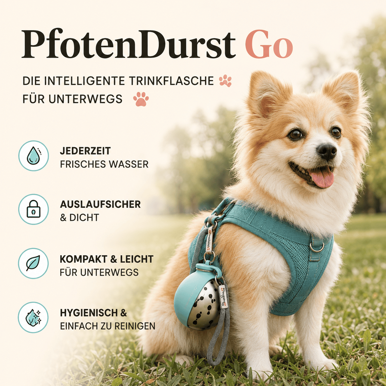 PfotenDurst Go- Edelstahltrinkflasche für Gassi, Reisen und unterwegs 4Pfotenliebe 