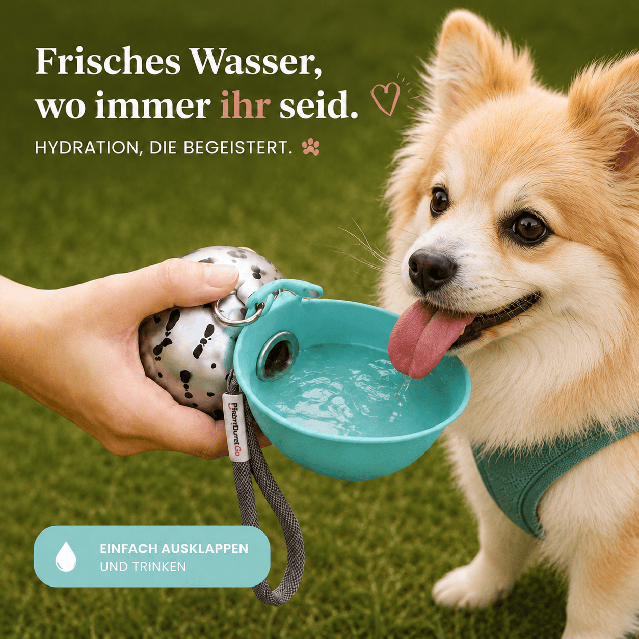 PfotenDurst Go- Edelstahltrinkflasche für Gassi, Reisen und unterwegs 4Pfotenliebe 