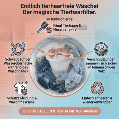 Tierhaar-Stopp Waschmaschinenfilter - nie wieder Tierhaare nach dem Waschen auf der Kleidung 4Pfotenliebe 
